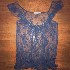Blue Floral Lace sheer shirt with embellishments